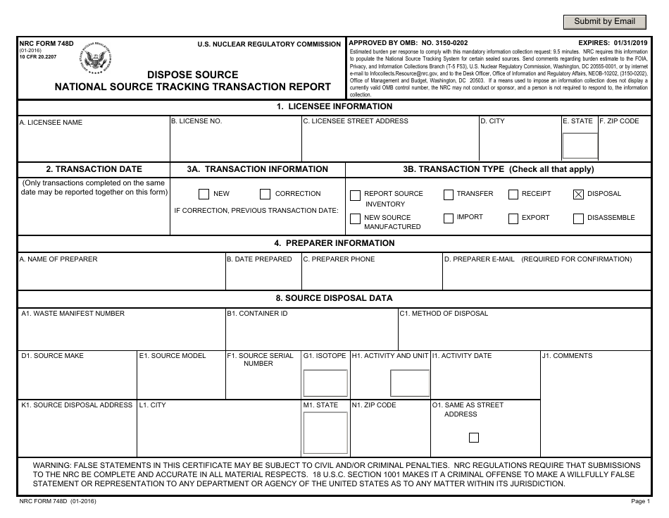 NRC Form 748D National Source Tracking Transaction Report - Dispose Source, Page 1