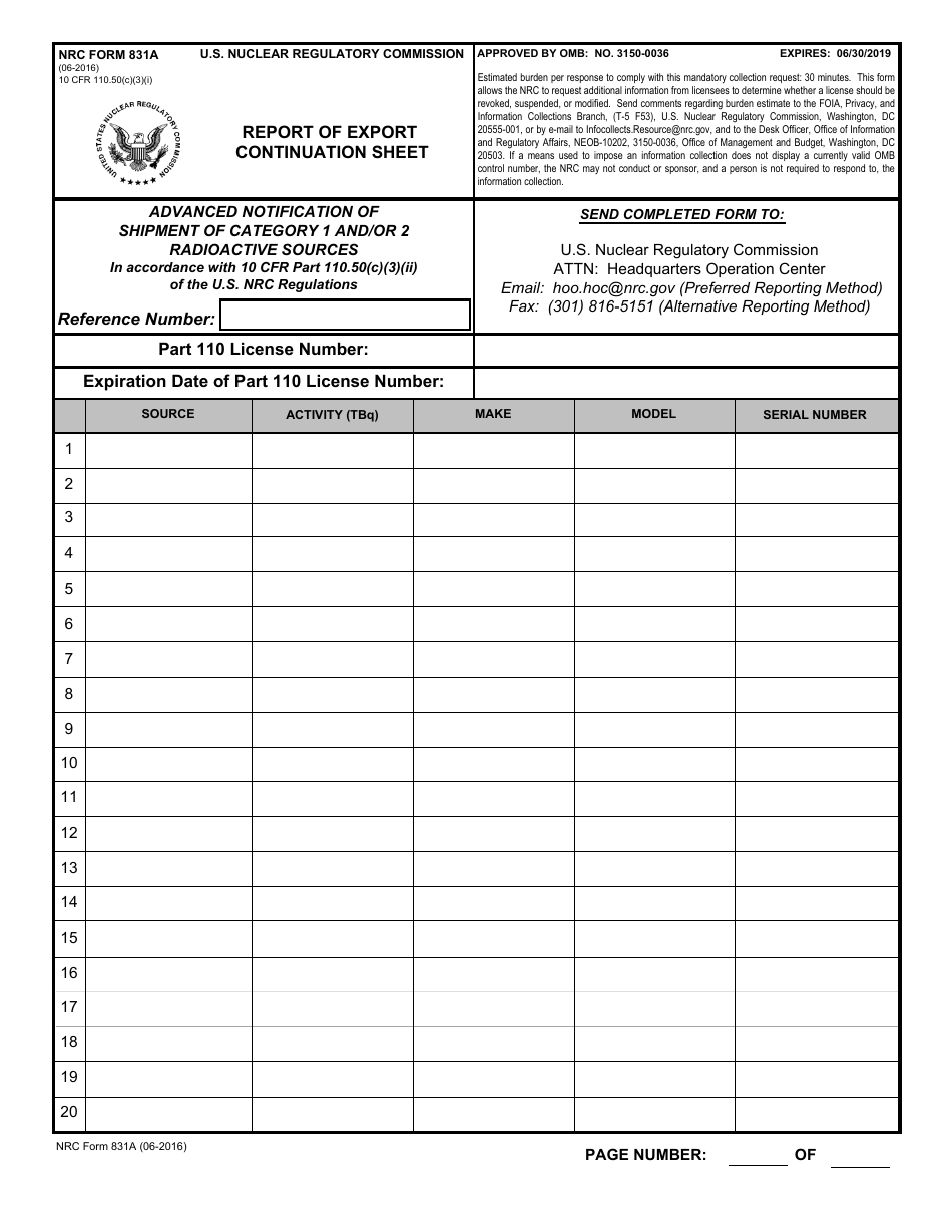 NRC Form 831A Report of Export Continuation Sheet, Page 1