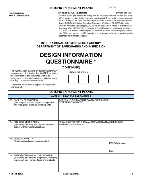 NRC Form N-75 Iaea Design Information Questionnaire - Isotopic Enrichment Plants