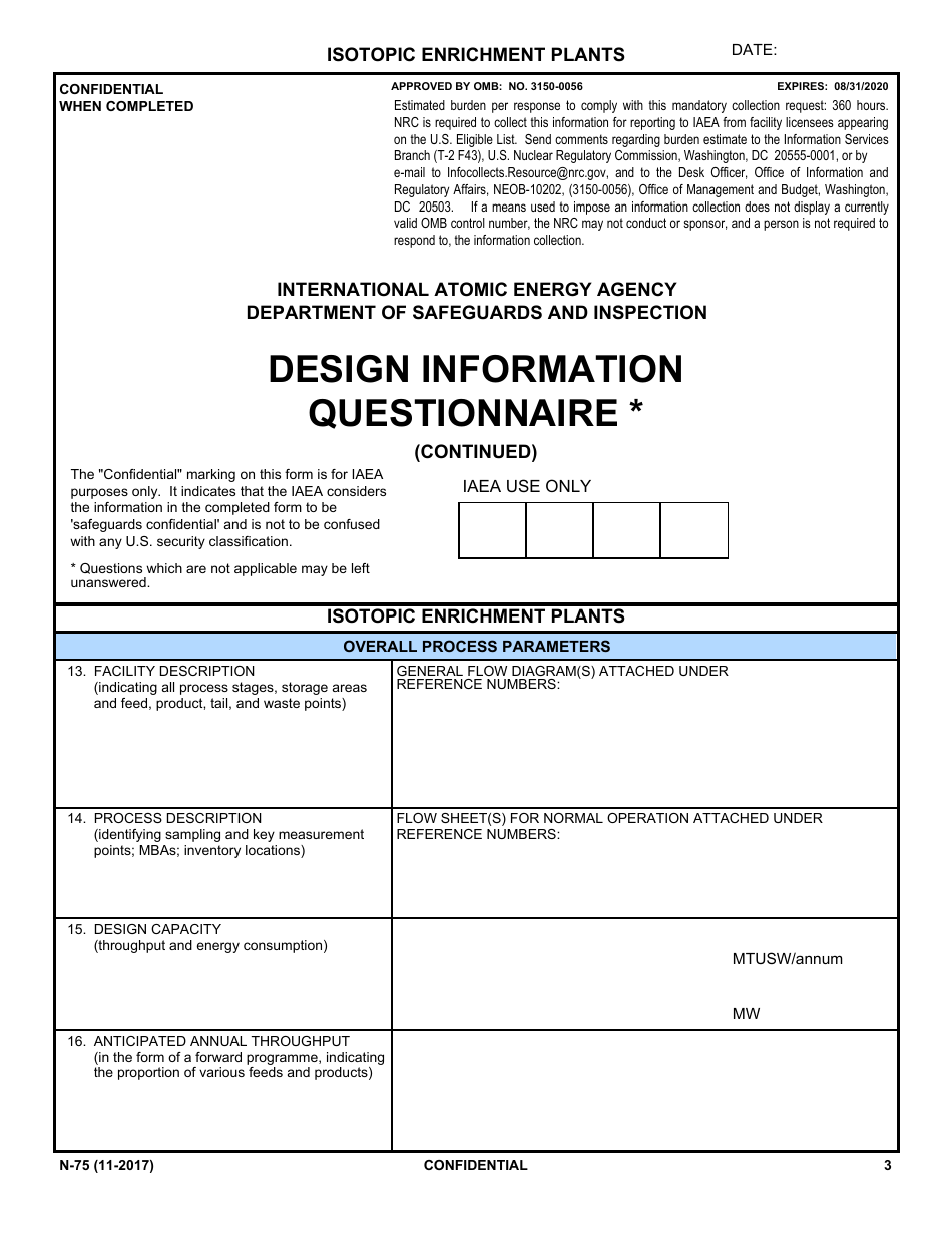 NRC Form N-75 Iaea Design Information Questionnaire - Isotopic Enrichment Plants, Page 1
