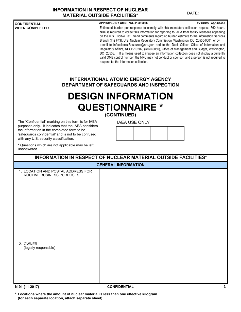 NRC Form N-91 Iaea Design Information Questionnaire - Information in Respect of Nuclear Material Outside Facilities, Page 1