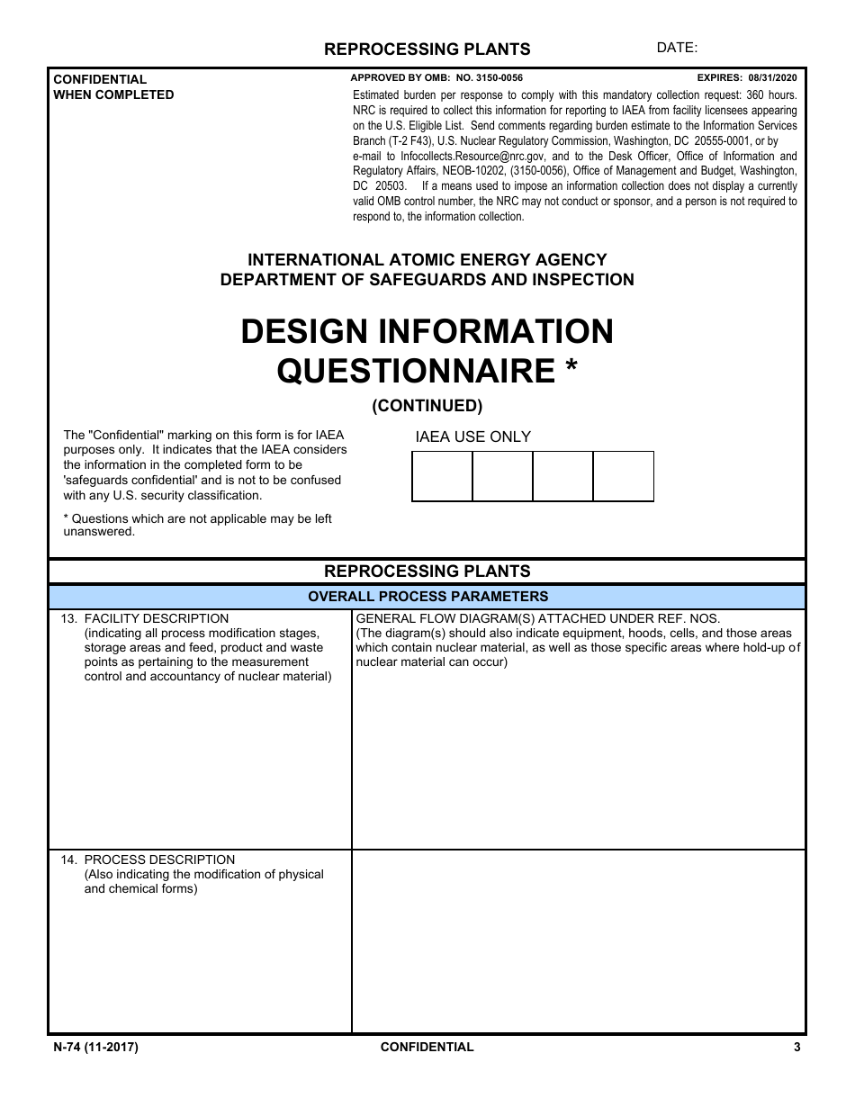 NRC Form N-74 Iaea Design Information Questionnaire - Reprocessing Plants, Page 1
