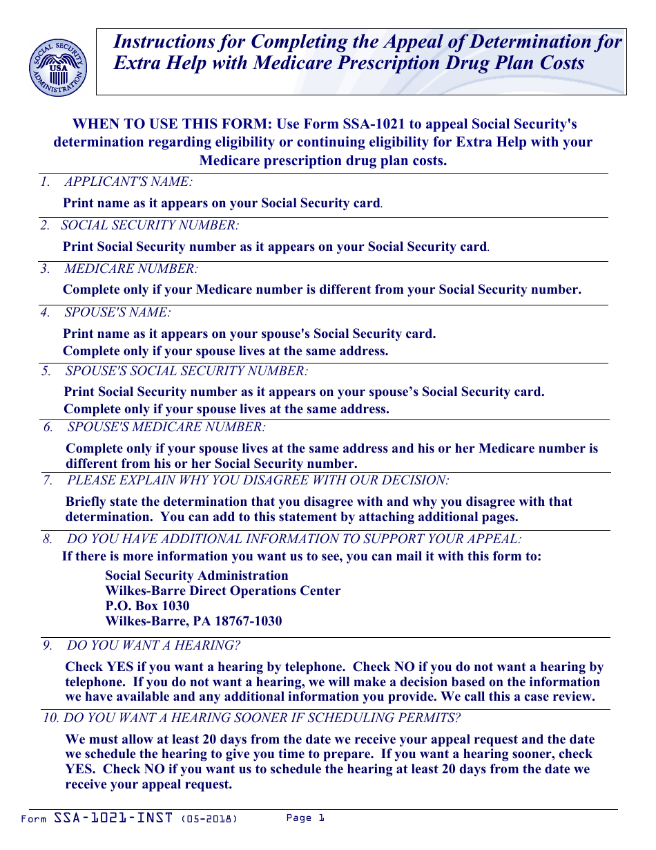 Instructions for Form SSA-1021 Appeal of Determination for Extra Help With Medicare Prescription Drug Plan Costs, Page 1