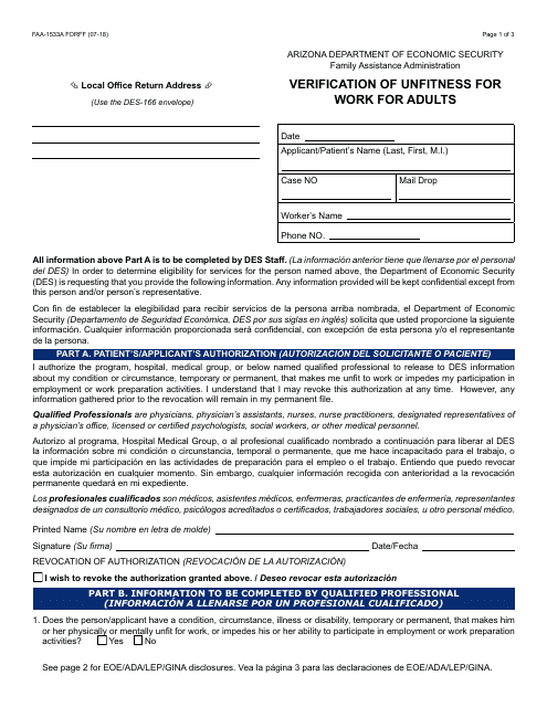 Form FAA-1533A FORFF Verification of Unfitness for Work for Adults - Arizona