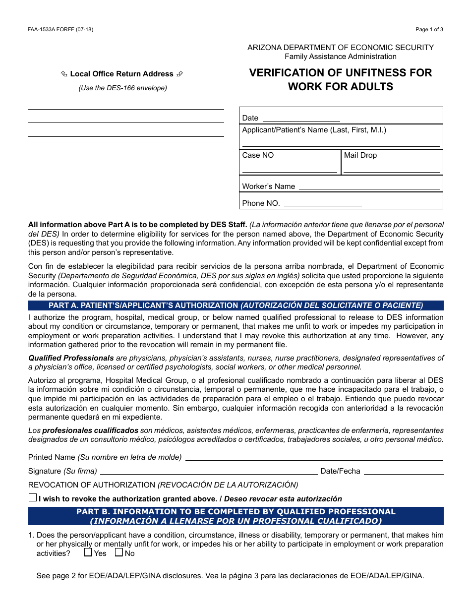 Form FAA-1533A FORFF Verification of Unfitness for Work for Adults - Arizona, Page 1