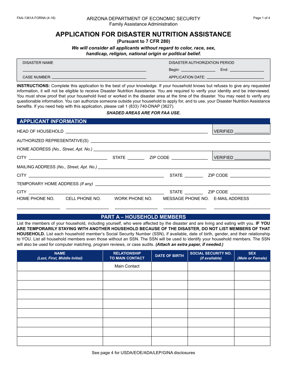 Form FAA-1361A FORNA Application for Disaster Nutrition Assistance - Arizona, Page 1