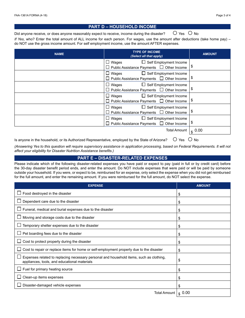 Form FAA-1361A FORNA Application for Disaster Nutrition Assistance - Arizona, Page 3