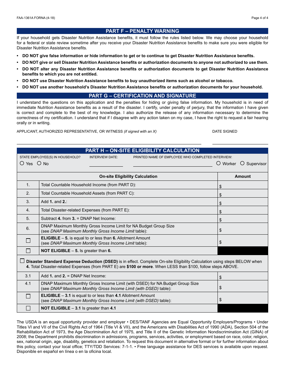 Form FAA-1361A FORNA Application for Disaster Nutrition Assistance - Arizona, Page 4