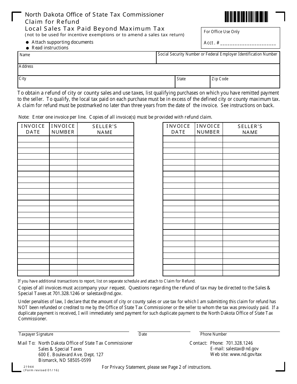 Form 21944 Claim for Refund - Local Sales Tax Paid Beyond Maximum Tax - North Dakota, Page 1