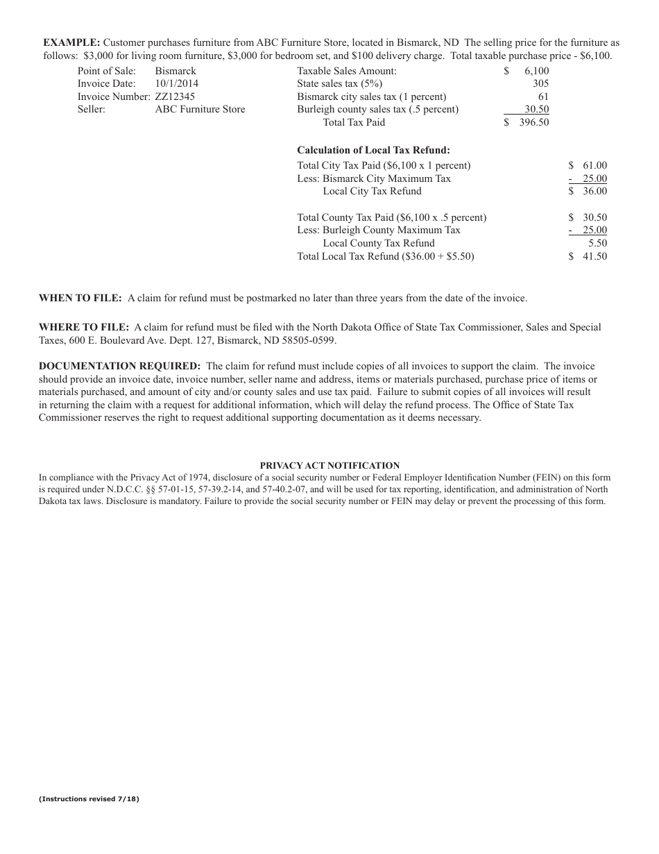 Form 21944 Claim for Refund - Local Sales Tax Paid Beyond Maximum Tax - North Dakota, Page 3