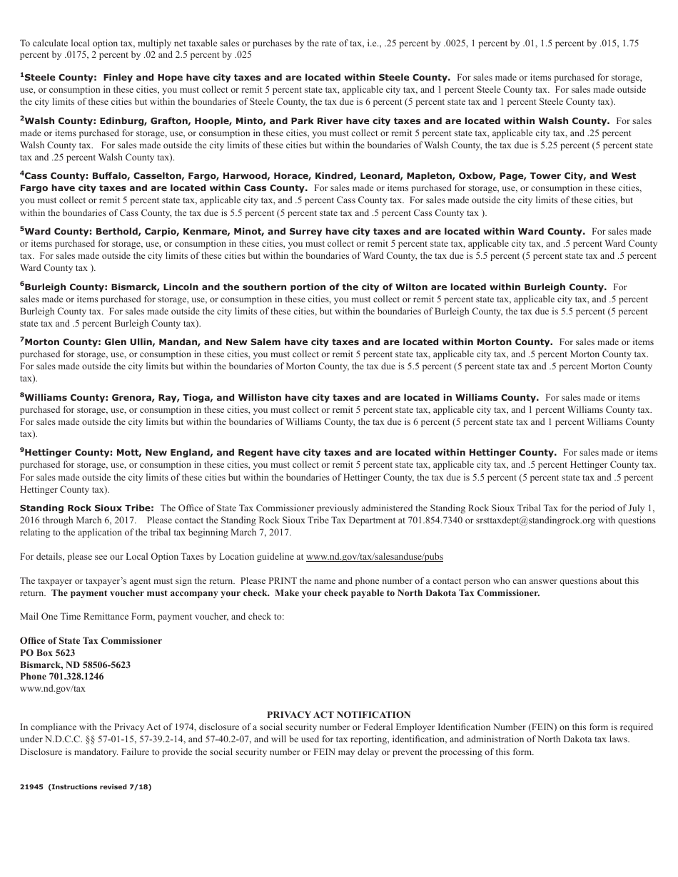 Form 21945 One Time Remittance Form - North Dakota, Page 4