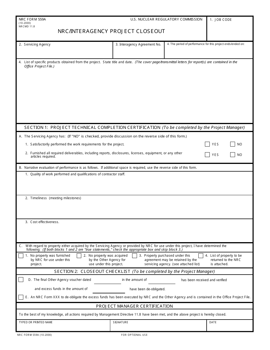 NRC Form 559A NRC / Interagency Project Closeout, Page 1