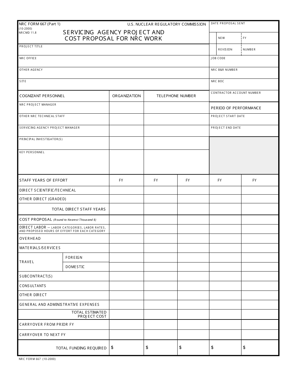 NRC Form 667 Servicing Agency Project and Cost Proposal for NRC Work, Page 1