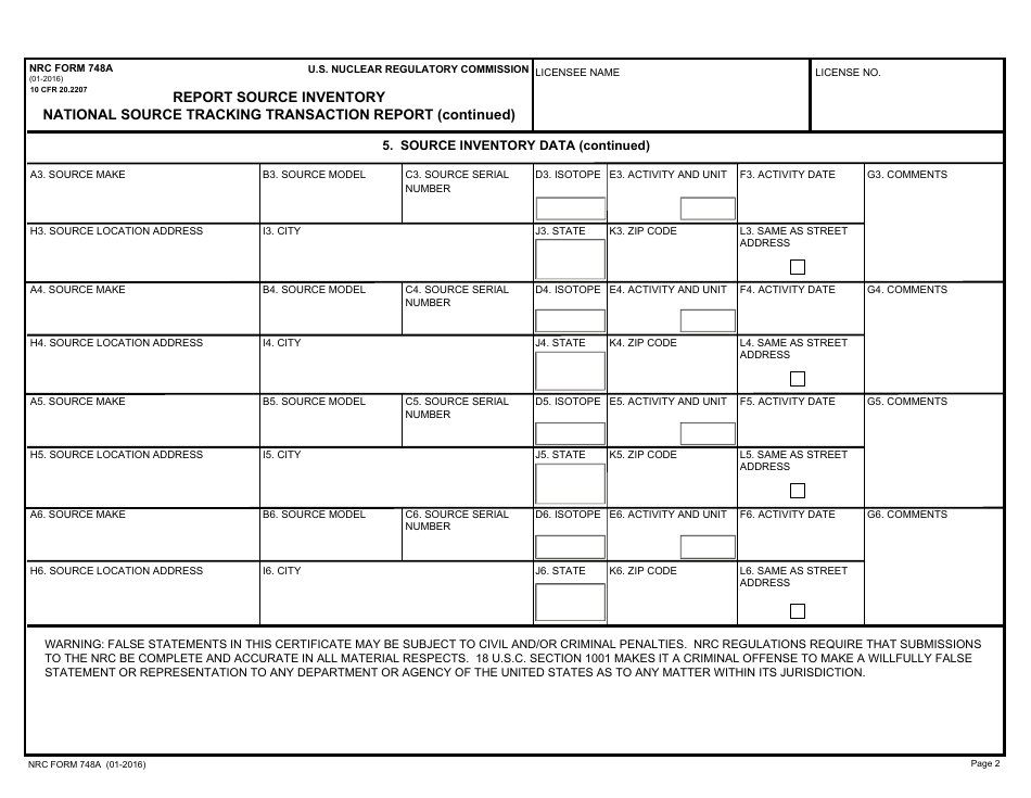 NRC Form 748A National Source Tracking Transaction Report - Report Source Inventory, Page 2