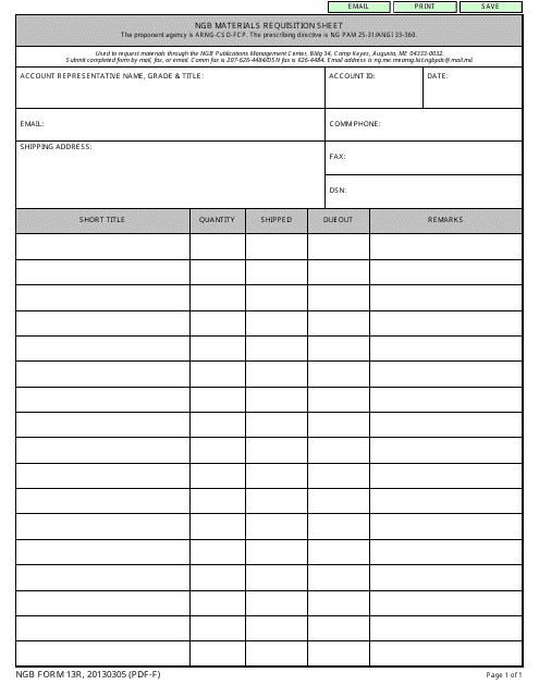 NGB Form 13R NGB Materials Requisition Sheet