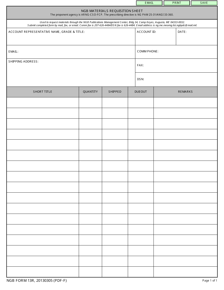NGB Form 13R NGB Materials Requisition Sheet, Page 1