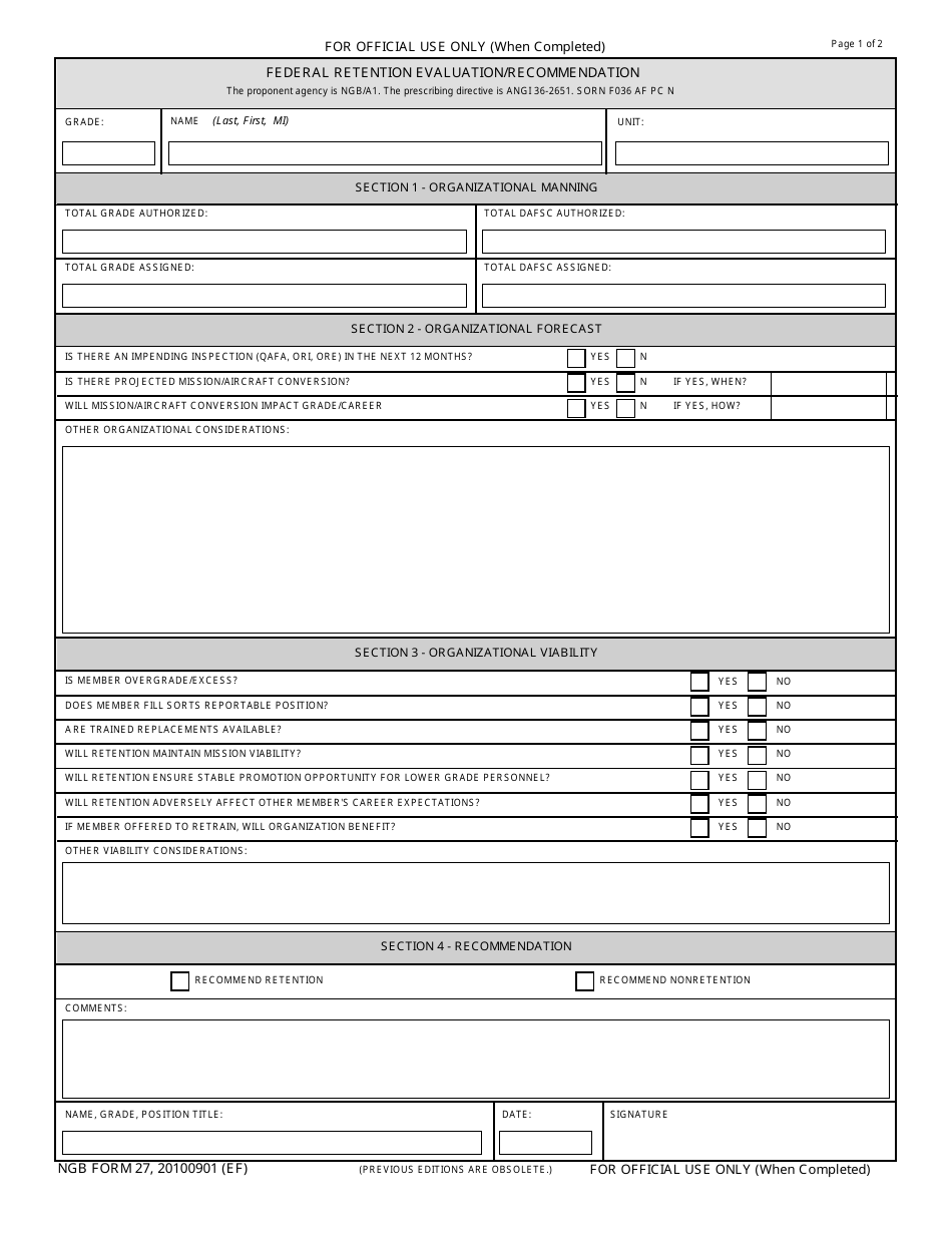 NGB Form 27 Federal Retention Evaluation / Recommendation, Page 1