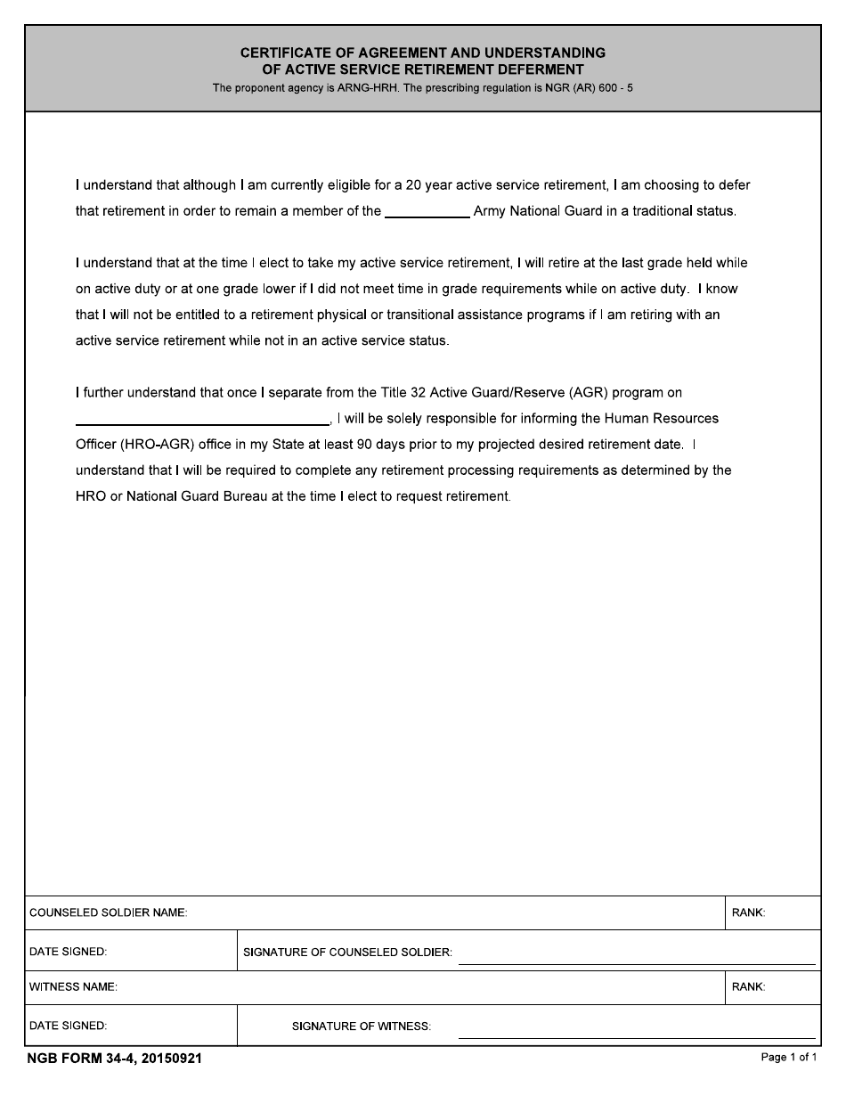 NGB Form 34-4 Certificate of Agreement and Understanding of Active Service Retirement Deferment, Page 1