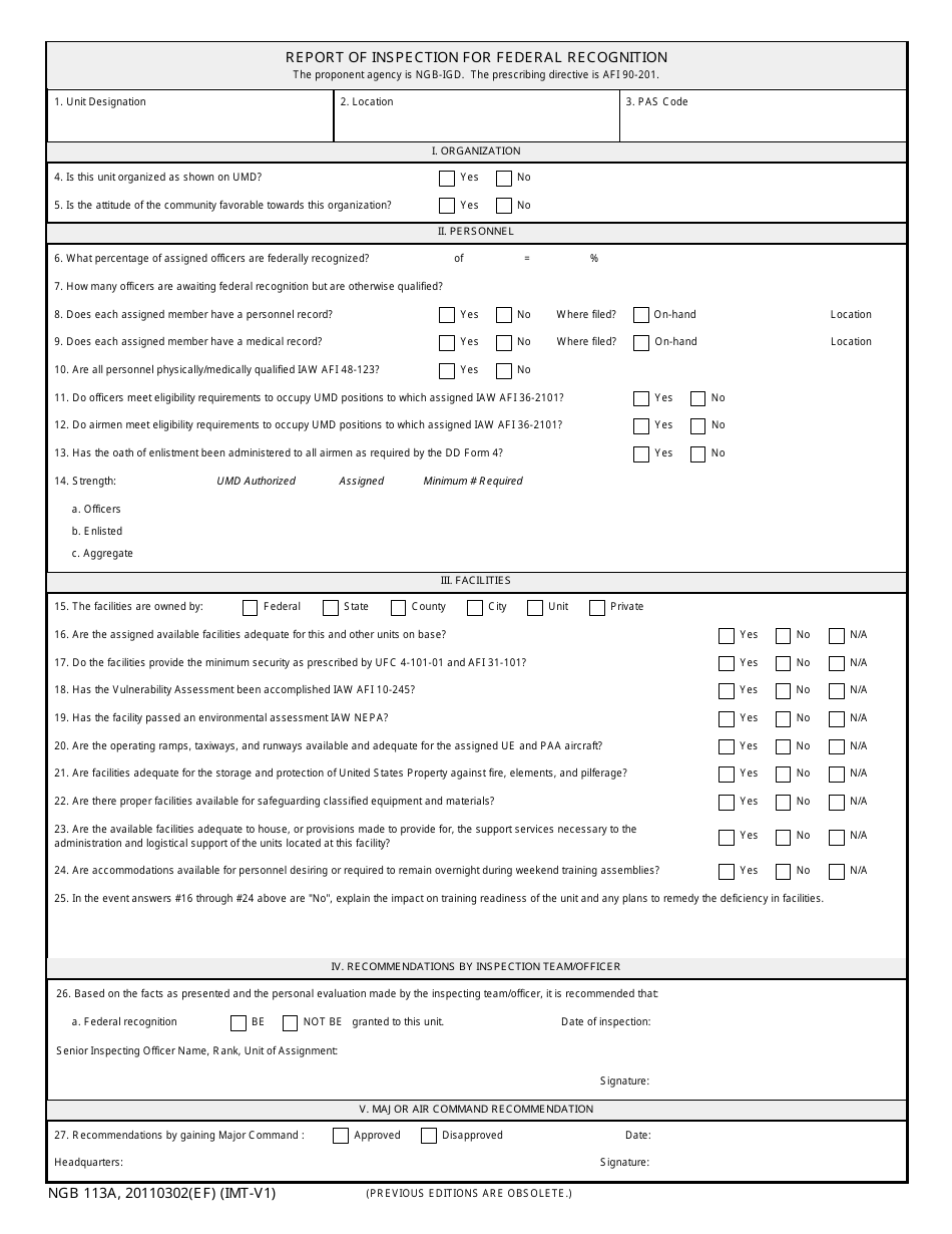 NGB Form 113A Report of Inspection for Federal Recognition, Page 1