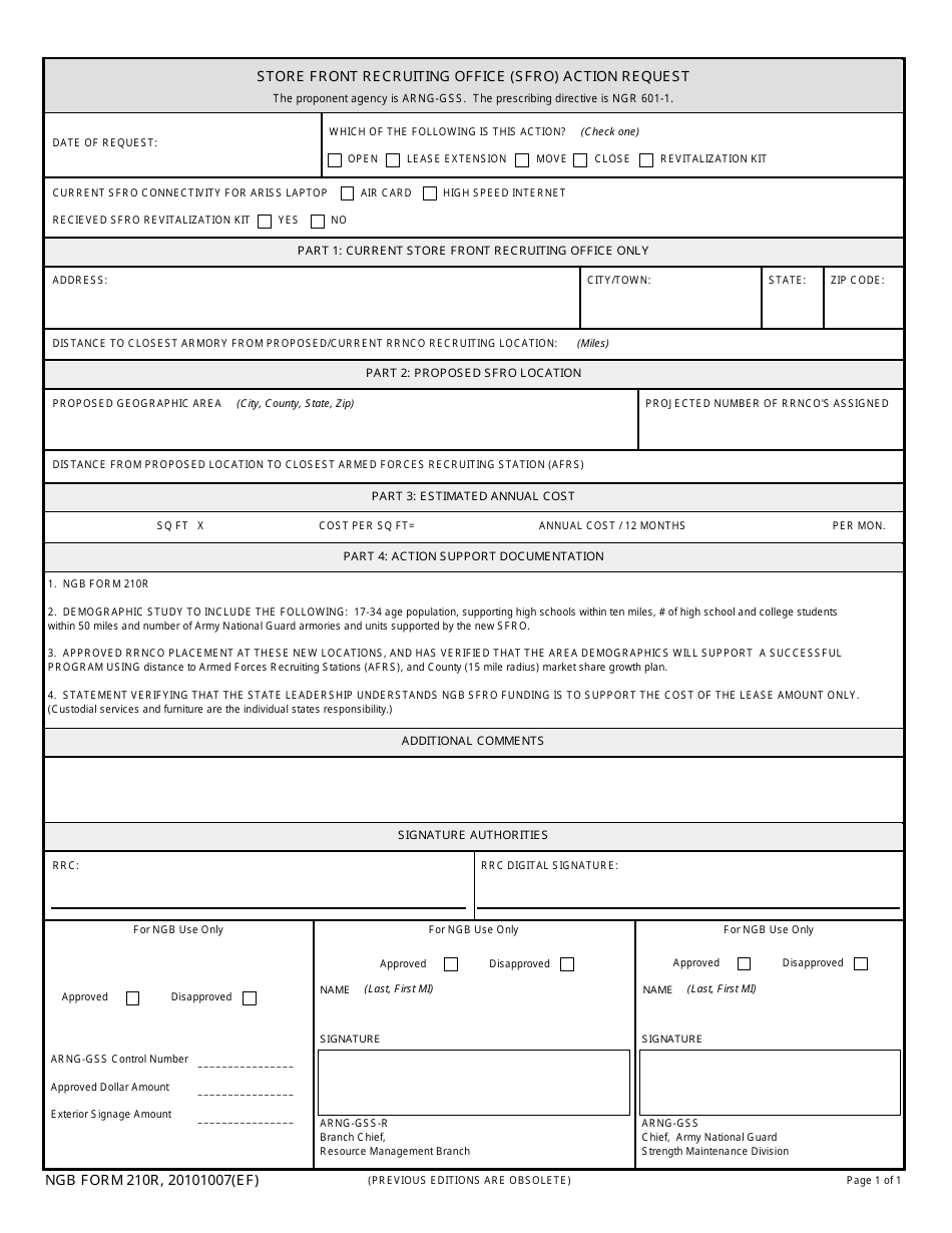 NGB Form 210R Store Front Recruiting Office (Sfro) Action Request, Page 1