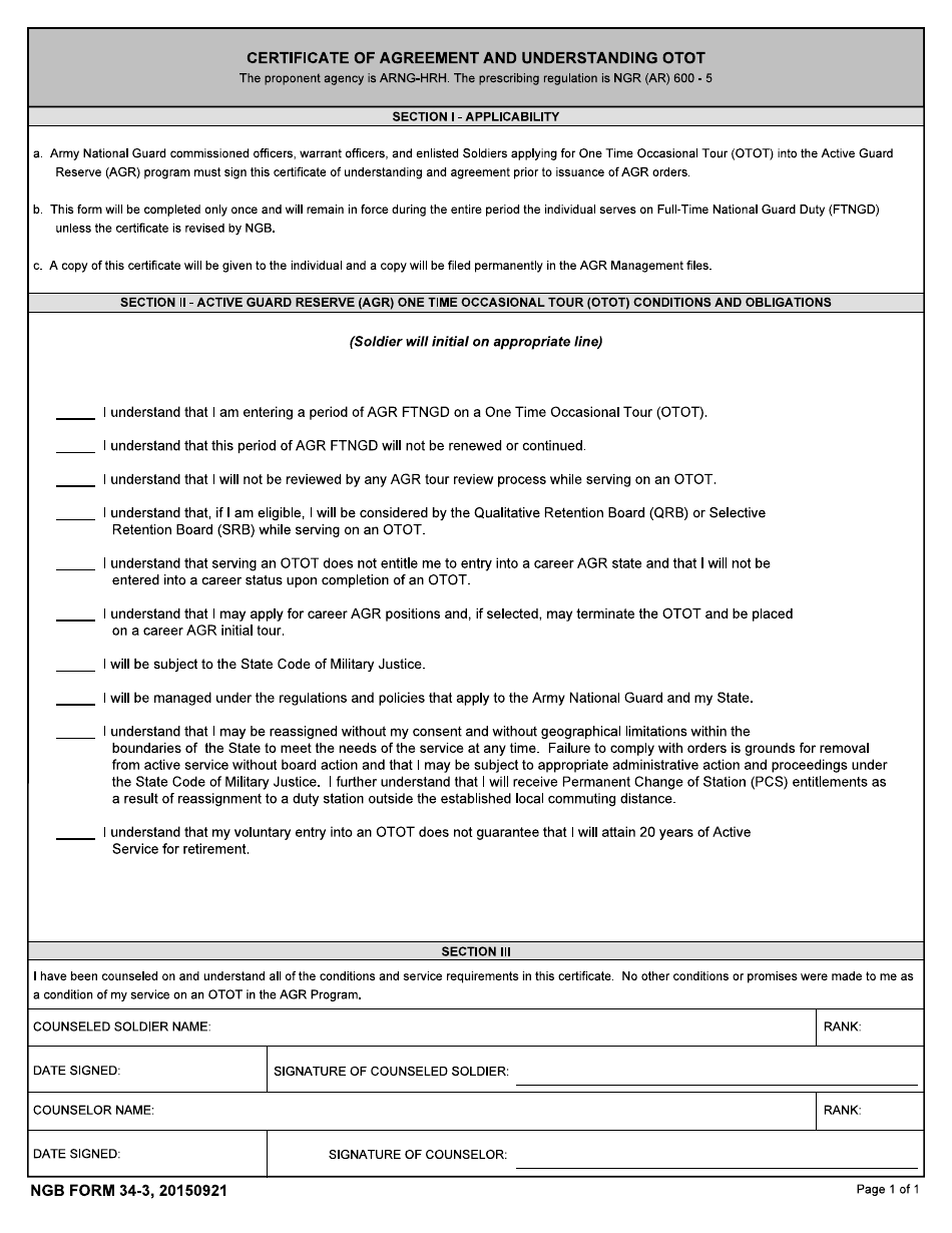 NGB Form 34-3 Certificate of Agreement and Understanding Otot, Page 1