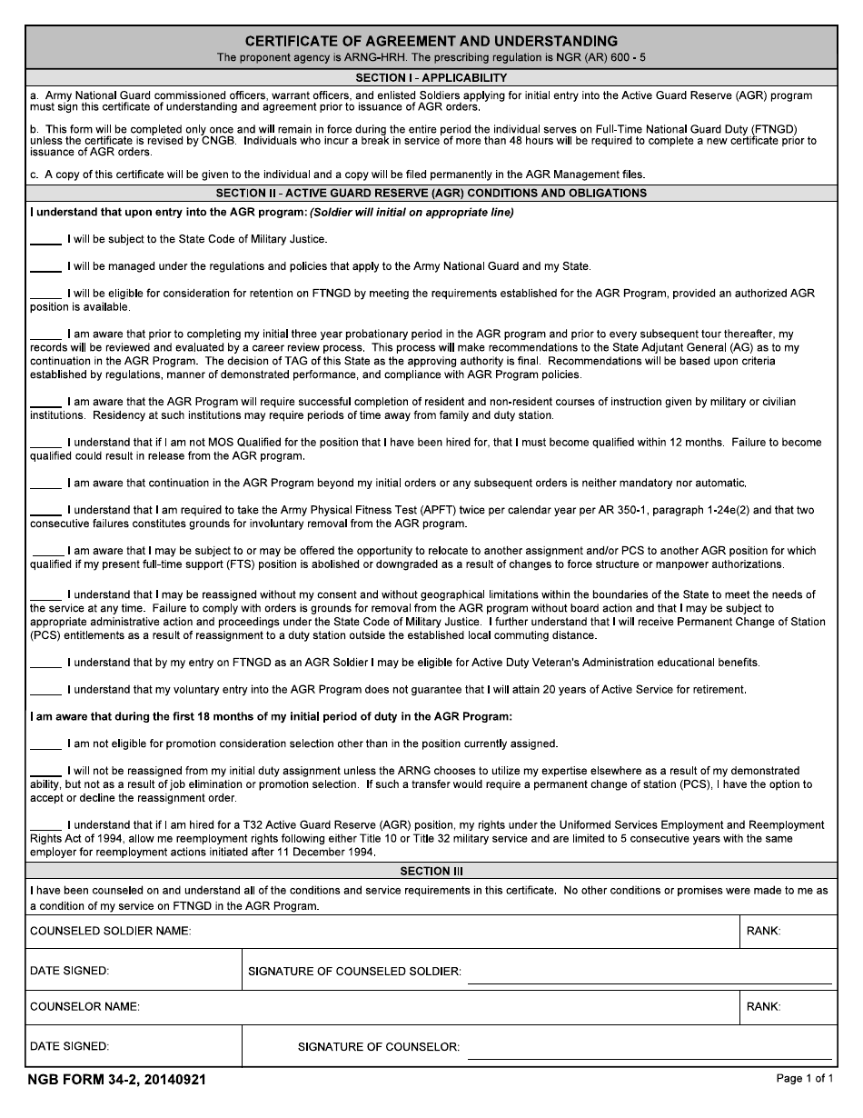 NGB Form 34-2 Certificate of Agreement and Understanding, Page 1