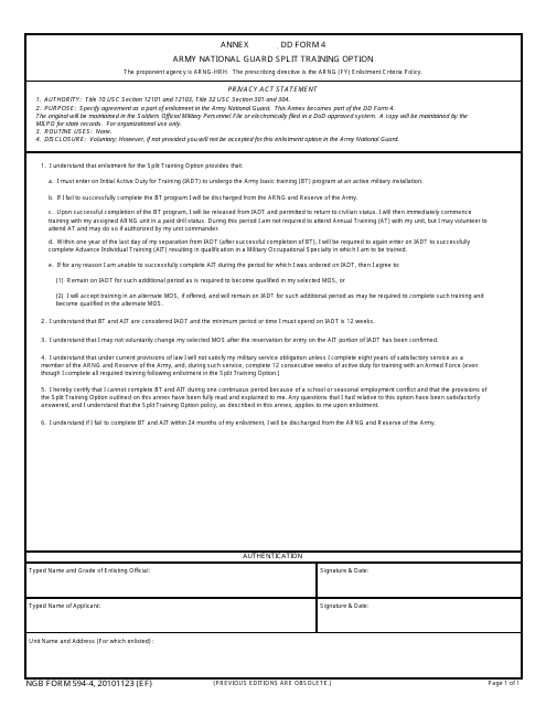 NGB Form 594-4 (DD Form 4) Army National Guard Split Training Option