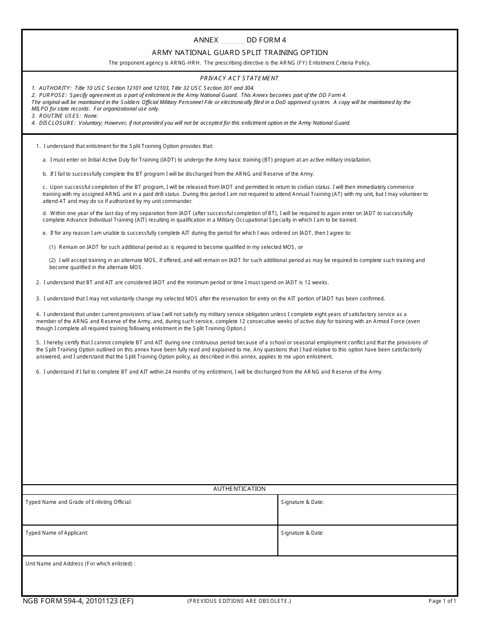 NGB Form 594-4 (DD Form 4) Army National Guard Split Training Option, Page 1