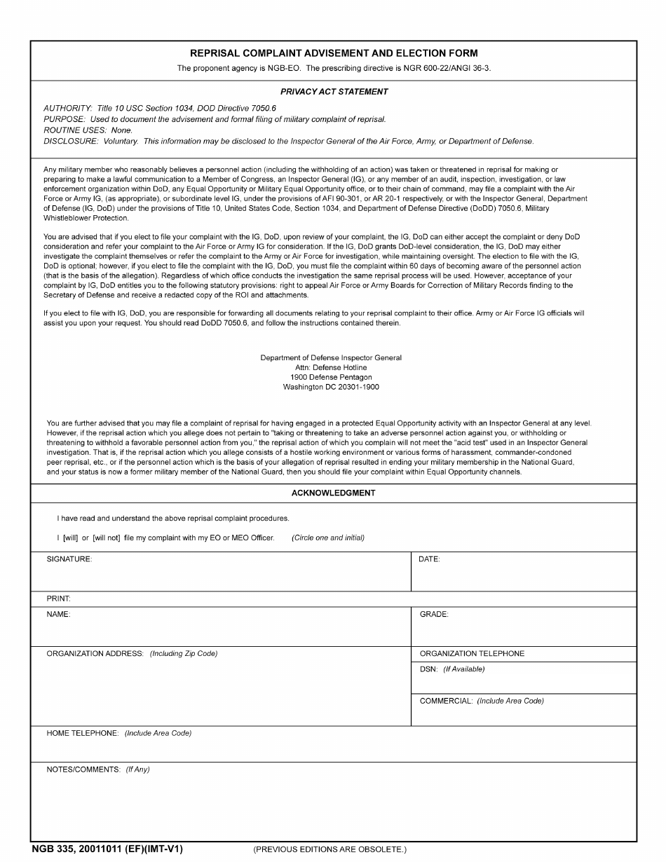 NGB Form 335 Reprisal Complaint Advisement and Election Form, Page 1
