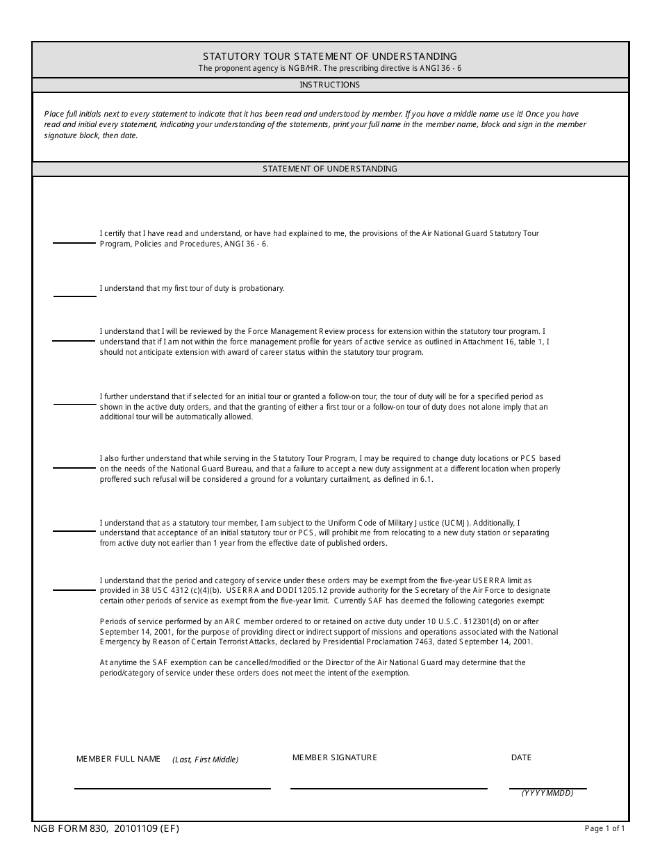 NGB Form 830 Statutory Tour Statement of Understanding, Page 1
