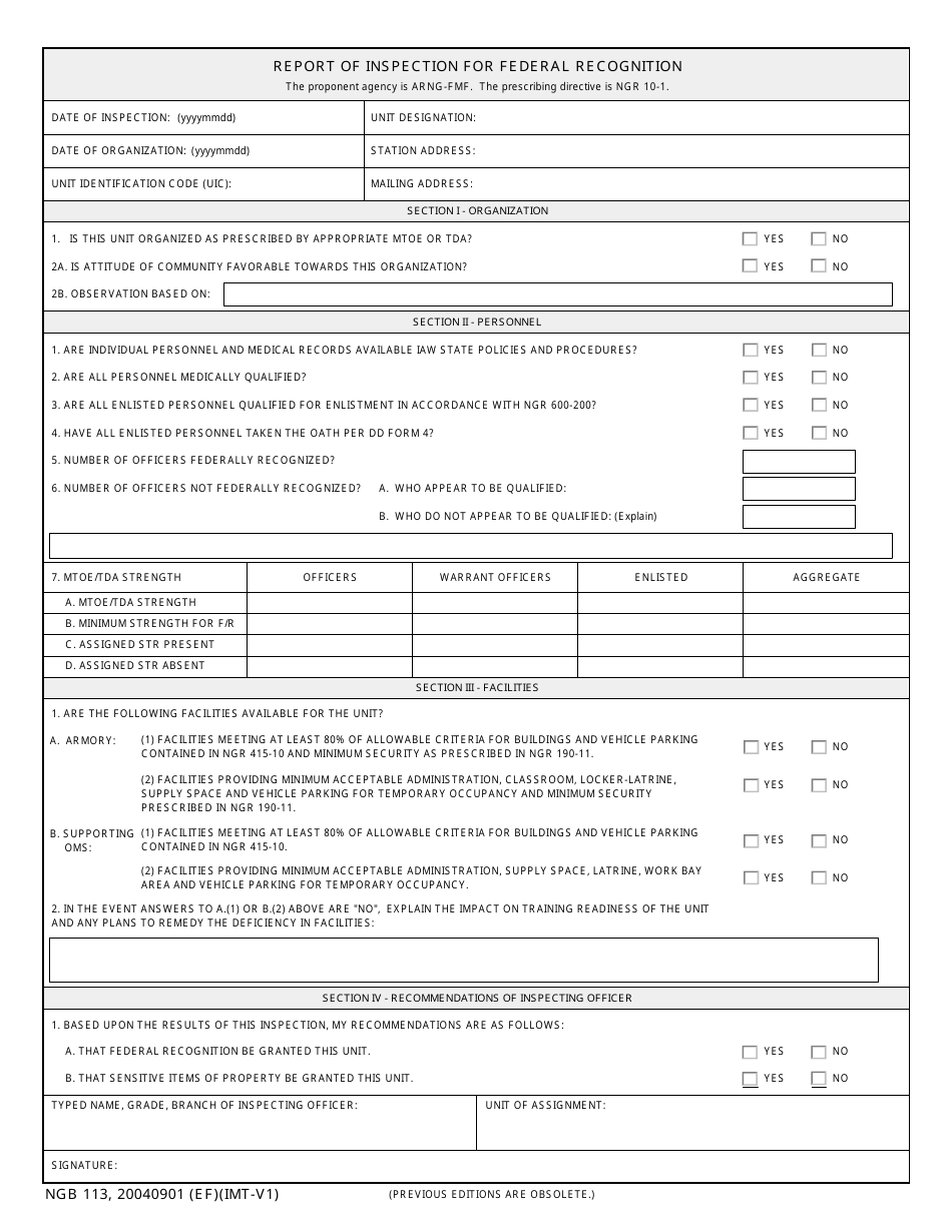 NGB Form 113 Report of Inspection for Federal Recognition, Page 1
