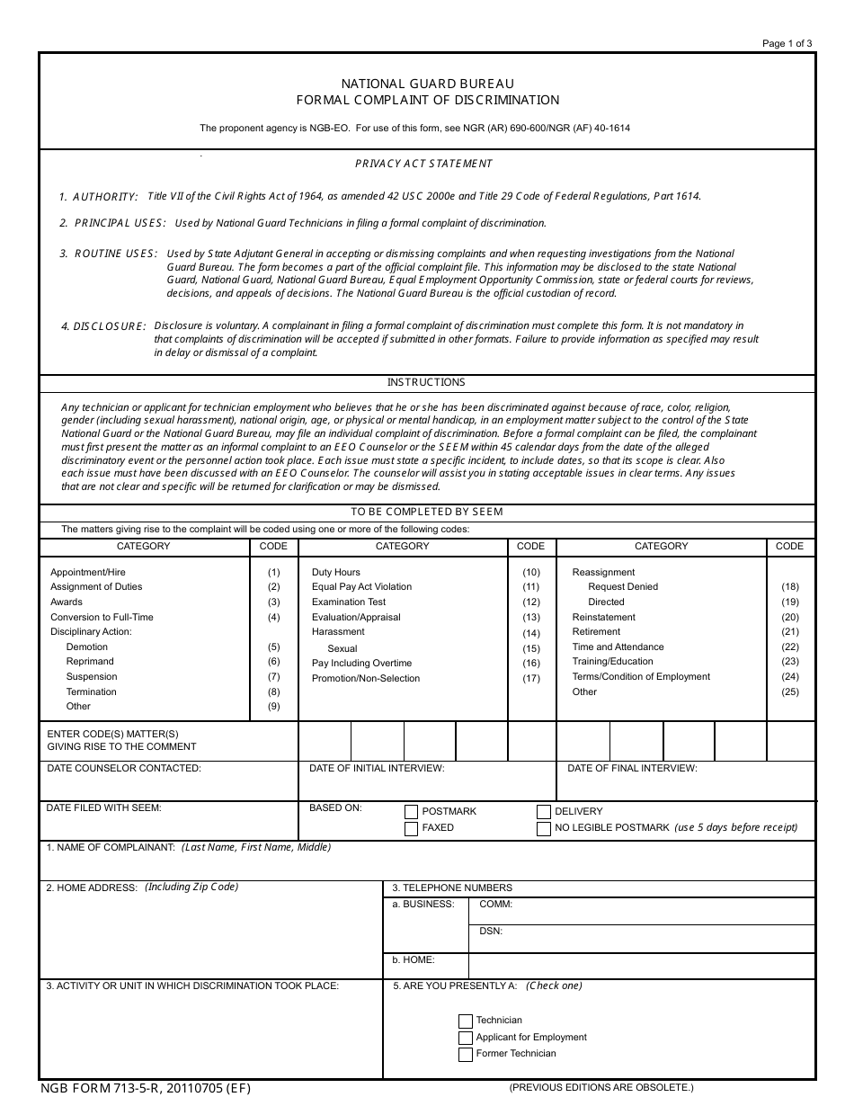 NGB Form 713-5-R National Guard Bureau Formal Complaint of Discrimination, Page 1