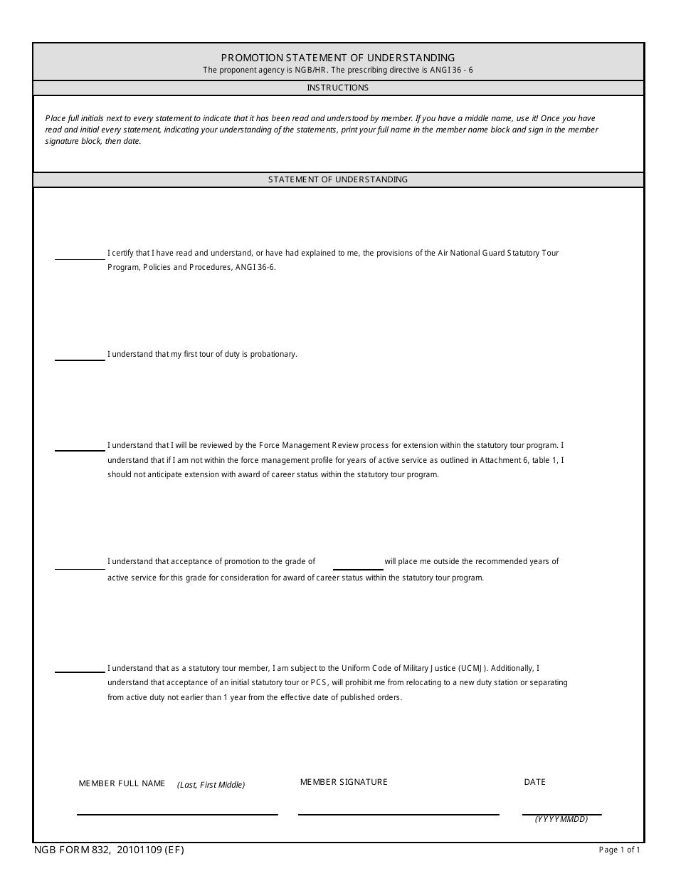 NGB Form 832 Promotion Statement of Understanding, Page 1