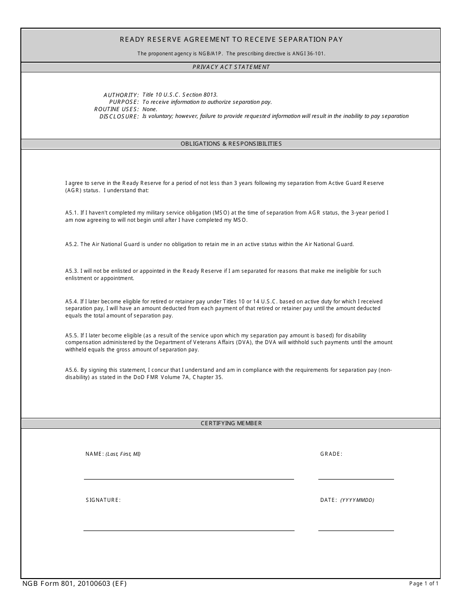 NGB Form 801 Ready Reserve Agreement to Receive Separation Pay, Page 1