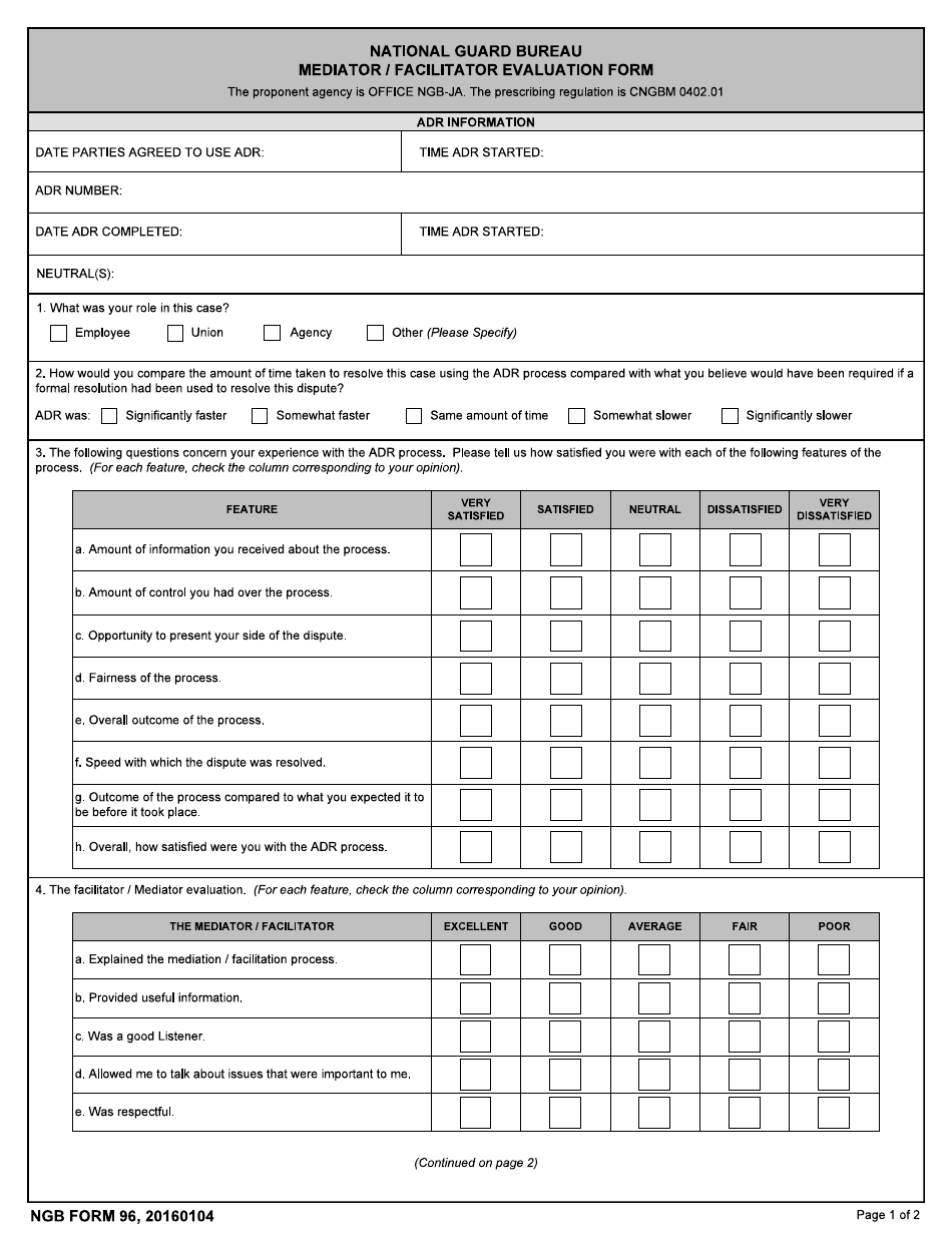 NGB Form 96 National Guard Bureau Mediator / Facilitator Evaluation Form, Page 1