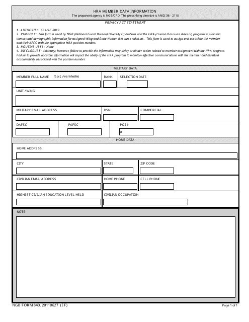 NGB Form 840 HRA Member Data Information