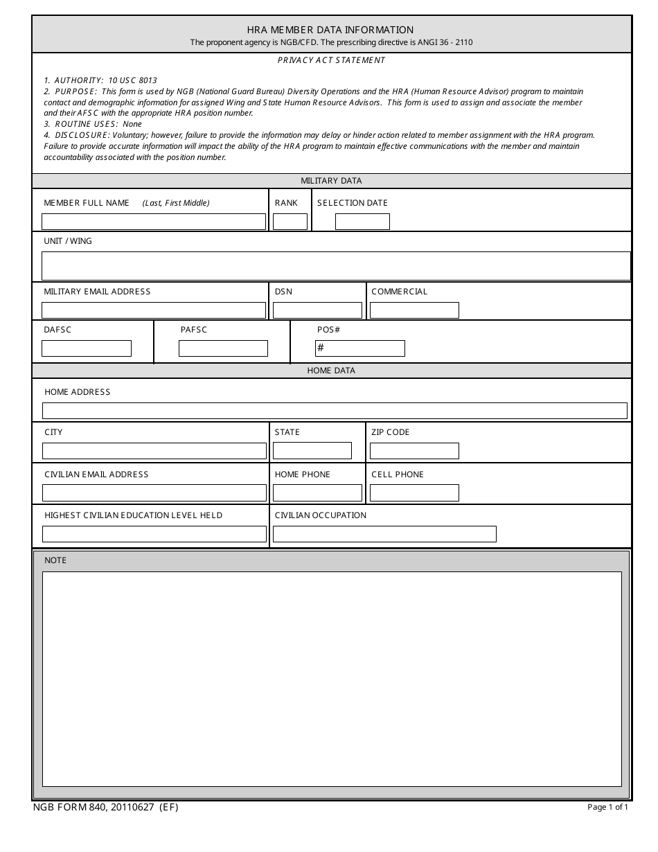 NGB Form 840 HRA Member Data Information, Page 1