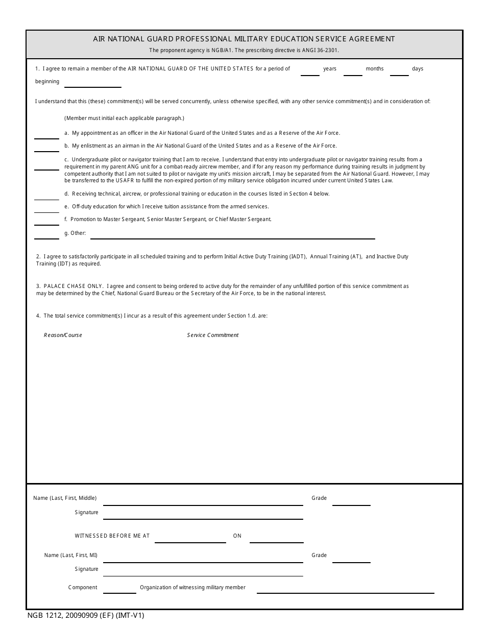 NGB Form 1212 Air National Guard Professional Military Education Service Agreement, Page 1