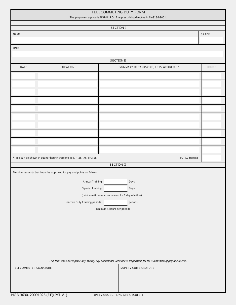 NGB Form 3630 Telecommuting Duty Form, Page 1