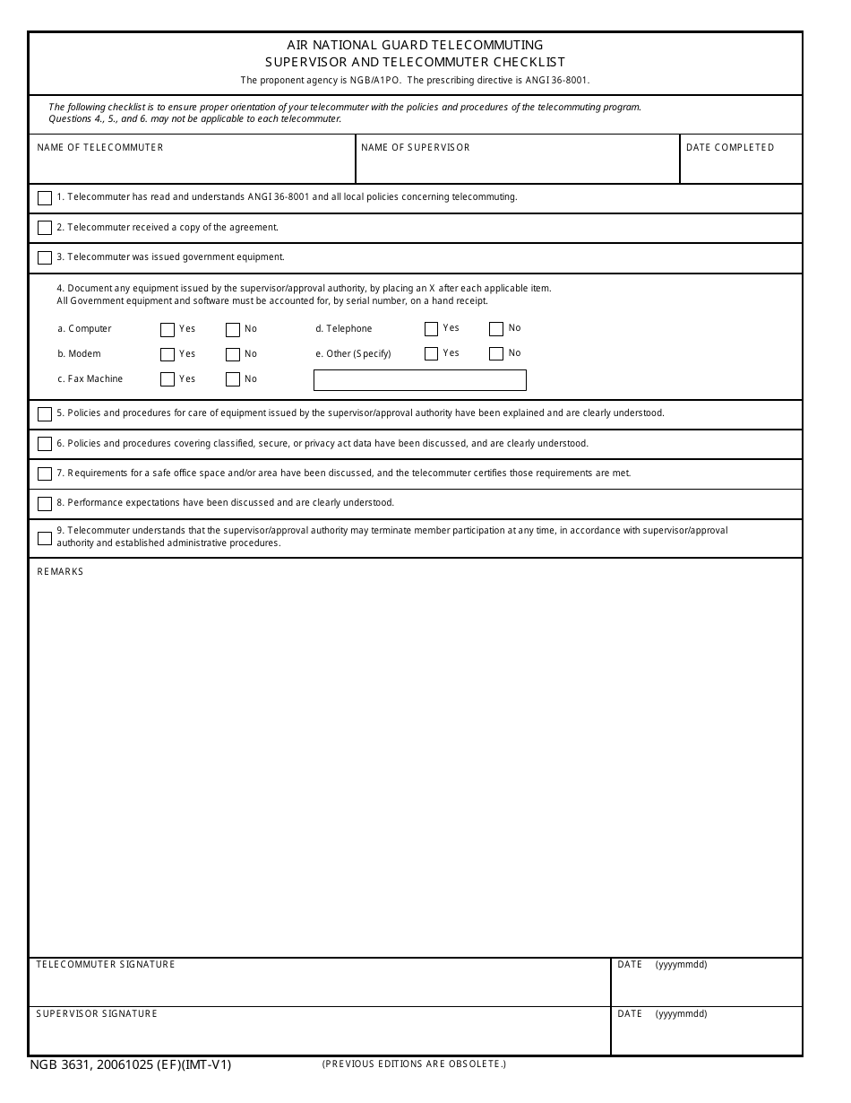 NGB Form 3631 Air National Guard Telecommuting Supervisor and Telecommuter Checklist, Page 1