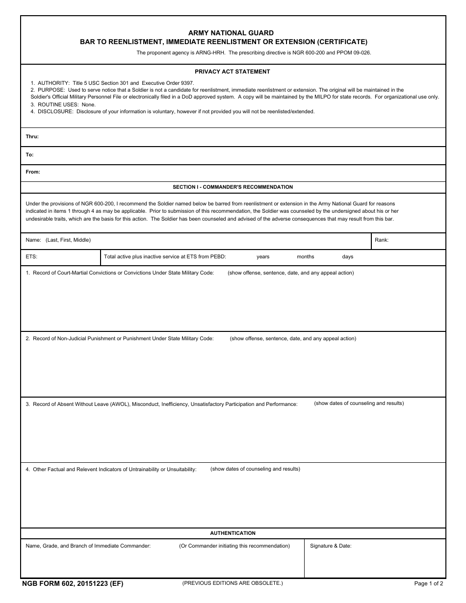 NGB Form 602 Army National Guard Bar to Reenlistment, Immediate Reenlistment or Extension (Certificate), Page 1
