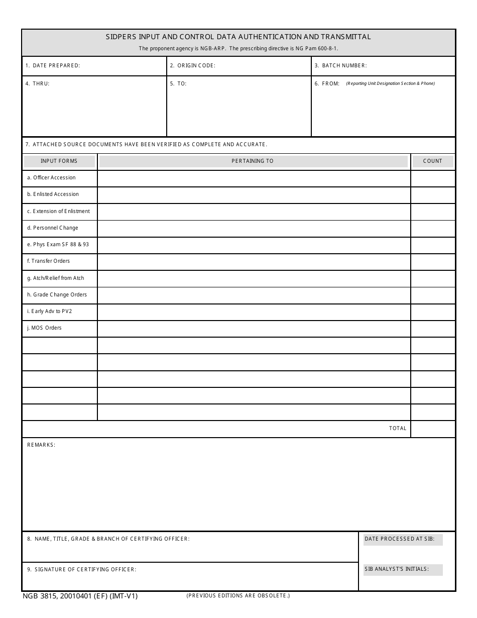NGB Form 3815 Sidpers Input and Control Data Authentication and Transmittal, Page 1