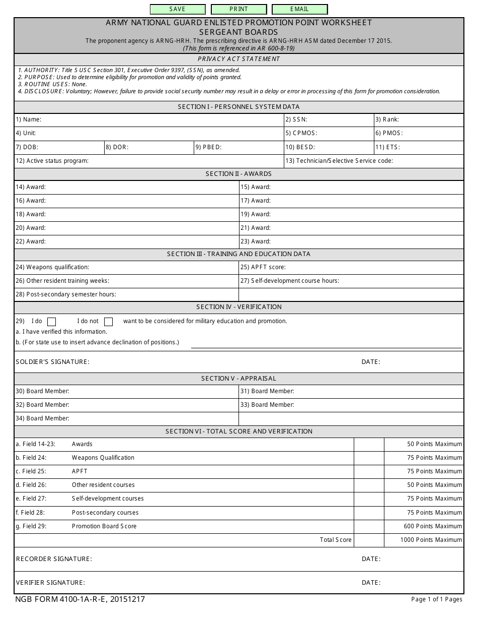 NGB Form 4100-1A-R-E Army National Guard Enlisted Promotion Point Worksheet - Sergeant Boards, Page 1