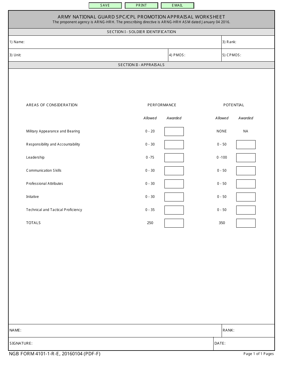 NGB Form 4101-1-R-E Army National Guard Spc / Cpl Promotion Appraisal Worksheet, Page 1