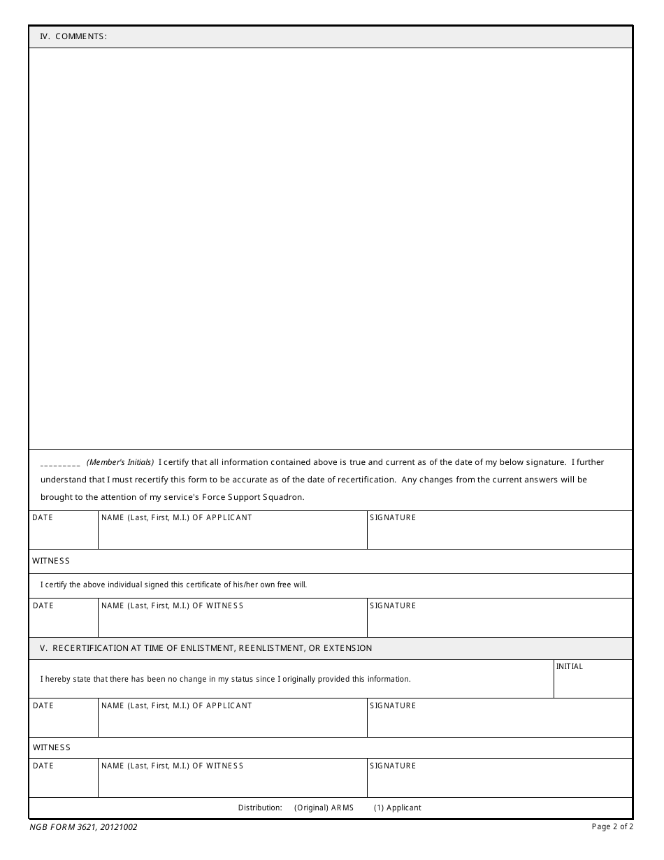 NGB Form 3621 ANG Eligibility Checklist for Enlistment, Reenlistment, or Extension, Page 2