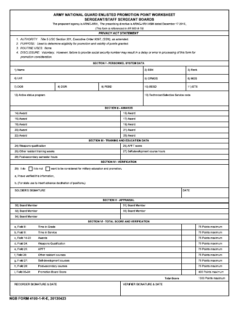 NGB Form 4100-1-R-E Army National Guard Enlisted Promotion Point Worksheet - Sergeant/Staff Sergeant Boards