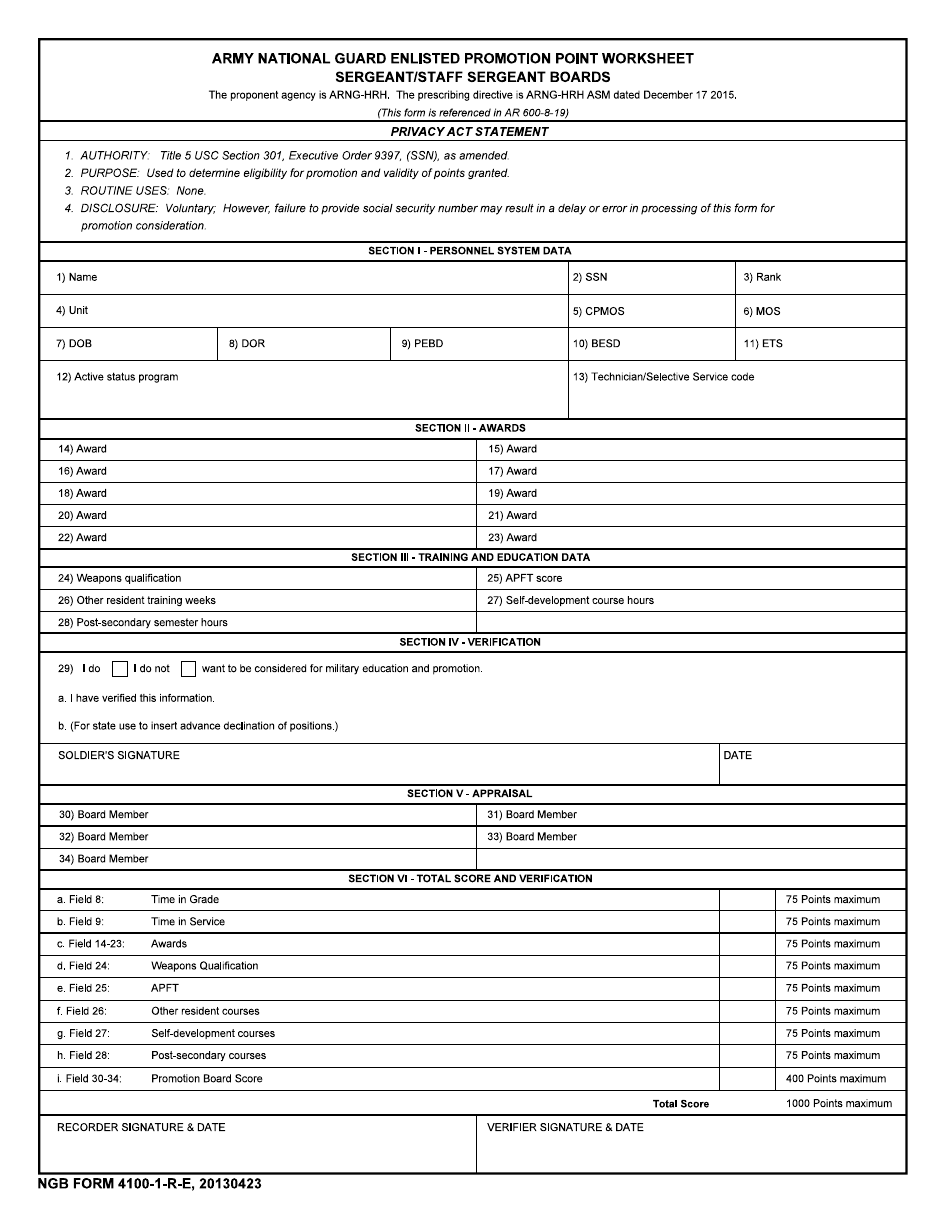 NGB Form 4100-1-R-E Army National Guard Enlisted Promotion Point Worksheet - Sergeant / Staff Sergeant Boards, Page 1