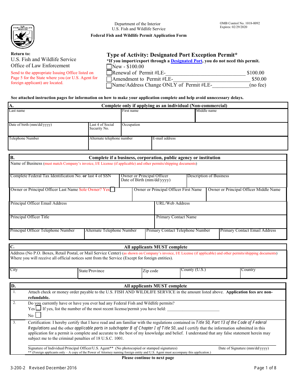 FWS Form 3-200-2 License / Permit Application Form - Designated Port Exception Permit, Page 1