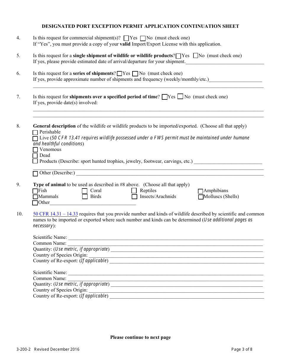 FWS Form 3-200-2 License / Permit Application Form - Designated Port Exception Permit, Page 3