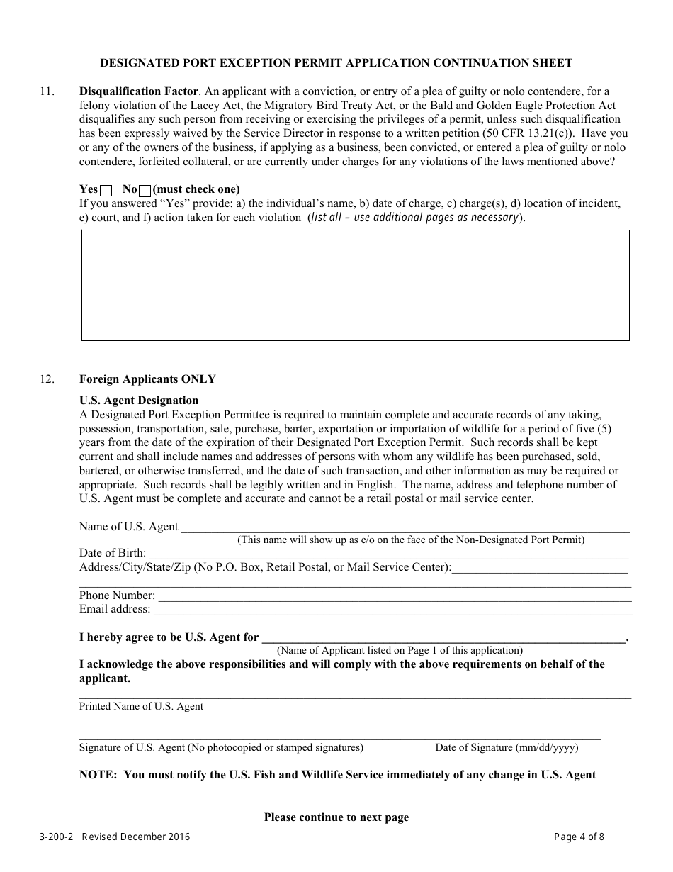 FWS Form 3-200-2 License / Permit Application Form - Designated Port Exception Permit, Page 4